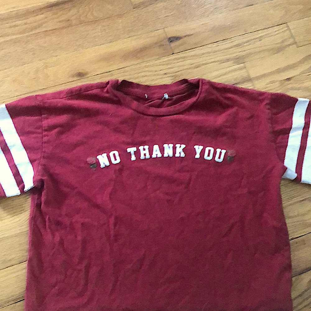 Girls 10-12 Red “NO THANK YOU” T-Shirt with 2 white stripes on sleeves.